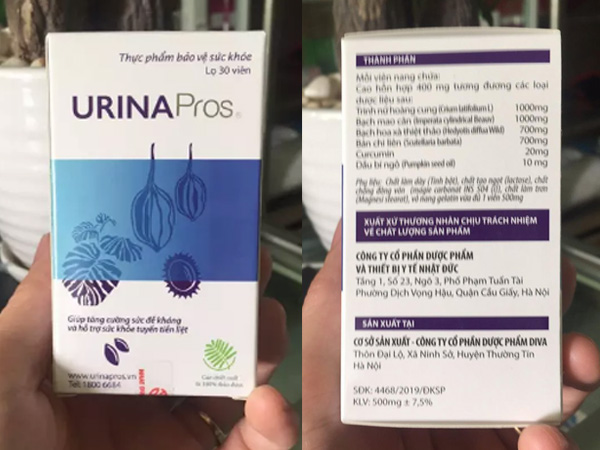 Mặt trước và mặt sau hộp Urina Pros 